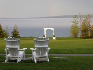 View of Georgian Bay from the patio at Cobble Beach