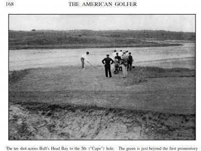 A view of the National Golf Links America Cape Hole tee shot from the August 1910 issue of American Golfer.