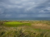 The second hole at Enniscrone, a 556-yard par-5 that concludes at a seaside green.