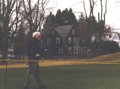 My dad on the 8th green at Nehoiden, right across the street from the house where grew up. It's late November; the greens have been staked for fencing at the first snow. We sprinkled his ashes here, and there's a memorial bench for him just right of this frame, on the 9th tee. There is no headstone in any cemetery for him. This is his spot, for all eternity.