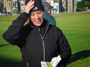 `You want me to do what?' Liz says, studying yardage book on first tee.