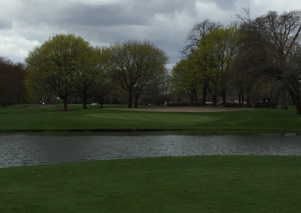 Picturesque but ominous, the 11th green at Jackson Park is guarded by a serious lagoon.