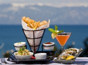 Fish and chips with a Mangotini at Wolfdale's with a view of Lake Tahoe.