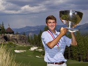 Scottie Scheffler with his U.S. Junior Amateur Championship trophy, with the Martis Camp Lodge in the background.