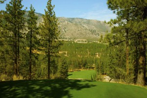 Tee shots on the third hole at Clear Creek Tahoe seem to hang in the air for a full minute, dropping some 200 feet.
