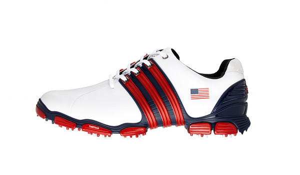 red white and blue adidas golf shoes