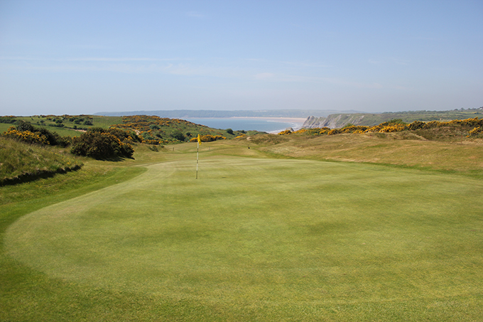 Looking back down the 17th hole at Pennard GC and over to the Gower Peninsula © James Mason