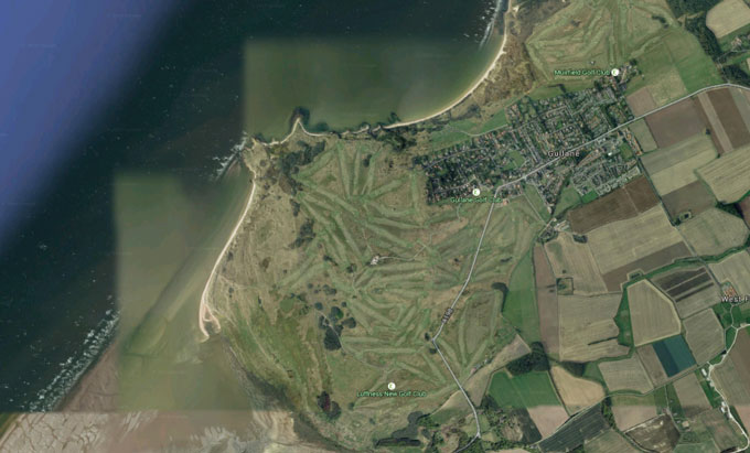 Ariel shot of Gullane Golf Club with Muirfield just down the road top right