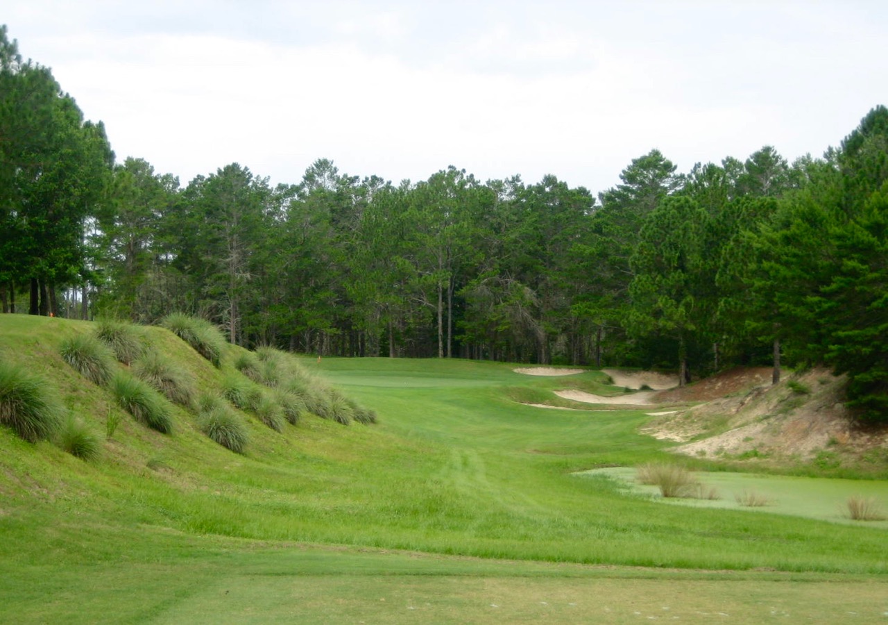 The par-3 16th is cut low into a mini amphitheater and features a wickedly sloped green. 