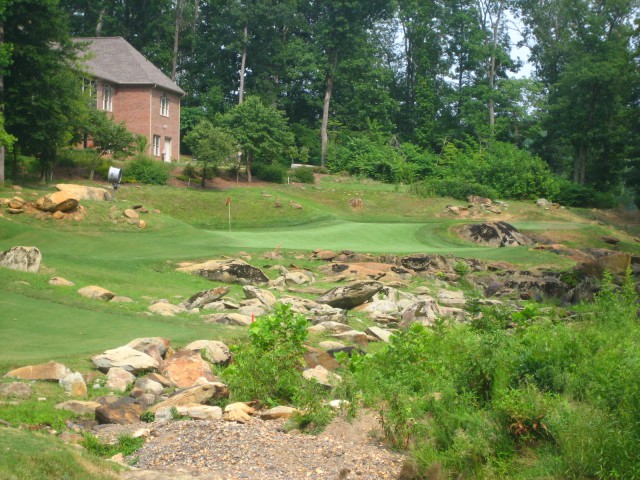 The green at the par-3 13th offers numerous levels, including this near impossible placement on a tiny, protected shelf.