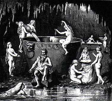Ægir and his daughters brewing beer for the Norse Gods
