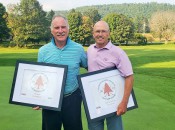David Arakelian (left), winner of the 2023 Vermont Senior Amateur Championship, in a playoff with Greg Birsky (R), who won the Super Senior title, played at Brattleboro CC Sept. 5-6.