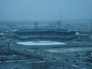 A half-standing Tiger Stadium haunted downtown Detroit during the NCAA Final Four at Ford Field in 2009.  (Photo by Harrison Shiels)