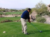 Peter Kessler lining up his tee shot on the first hole at the Troon North Monument Course