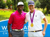 Chris Paul let U.S. Open champion Webb Simpson try on his new gold medal at Wednesday's Wyndham action.