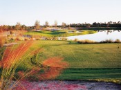 Camp Creek's par-3 14th plays slightly downhill to a wide, shallow green.