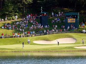 The 16th at the TPC River Highlands in Cromwell, Conn. This par-3 is approached today over this pond. Back in the early 1980s, one approached it from the right, high on a hill. (Photo by Jim Rogash/Getty Images)