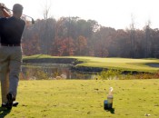 Hitting to the long, par-three 3rd at Westfields