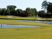 Two lakes are in play at the Carolina Club's par-five 9th