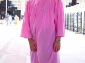 Pretty in Pink?  No, the author about to enter a Mosque.