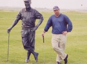 A big fan of golf statues, Herb strikes the pose with a tribute to Payne Stewart at Waterville