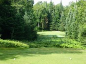 The ridiculously narrow par-3 sixth hole of the Treetops Resort Signature course, a Rick Smith design. (Photo by Anthony Pioppi)